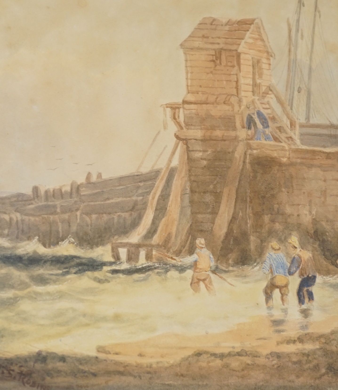 Two Cornish watercolour landscapes, Thos. Sewell Robins (1814-1880), Cornish Beach Scene, signed, 23 cm X 20.5 cm and Thomas Hart F.S.A., Coastal scene, signed and dated 1861, 21 cm X 32 cm